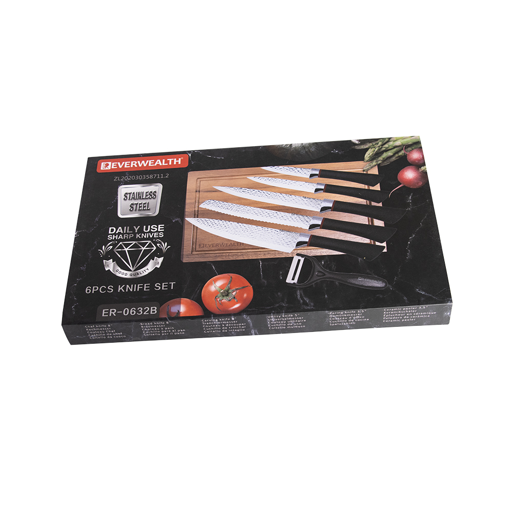 6PCS Black Plastic Handle Stainless Steel Kitchen Knife Set With Gift Box - ER-0632B