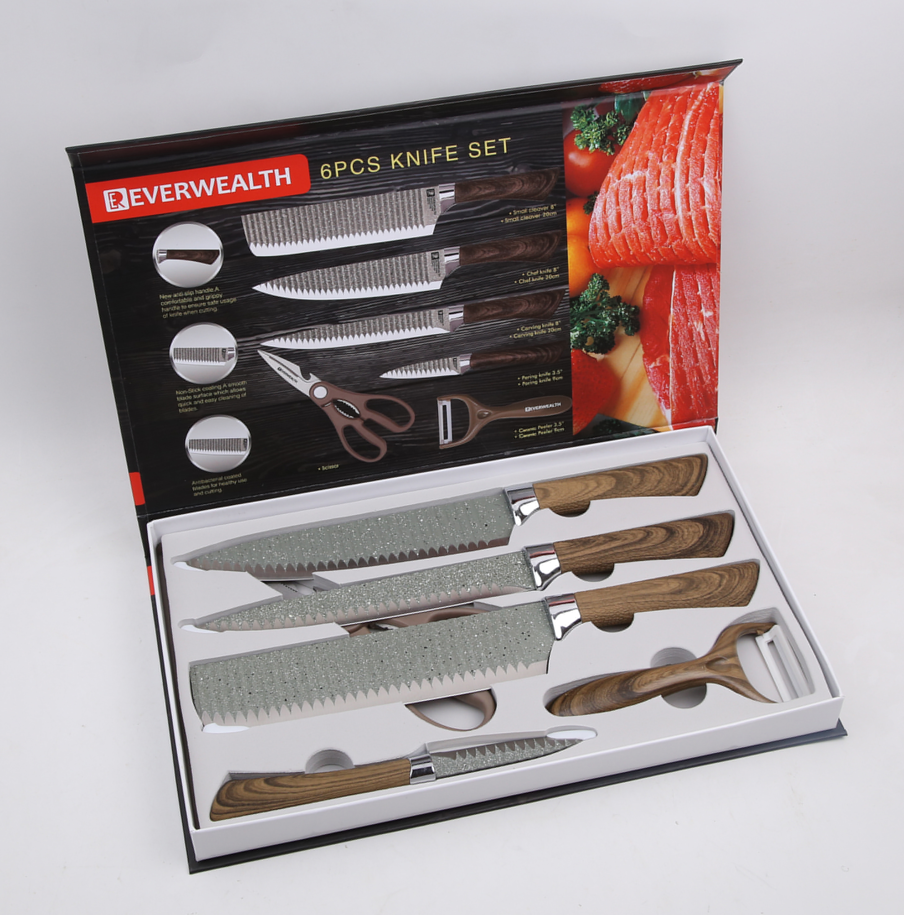 Wood Grain Coated Handle Kitchen Knife With Scissors And Peeler