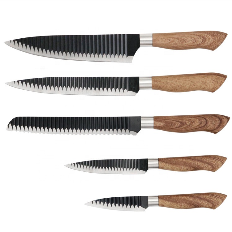 5 Pcs Stainless Steel Wood Grain Coating Handle Knife Set - SP00A-P2