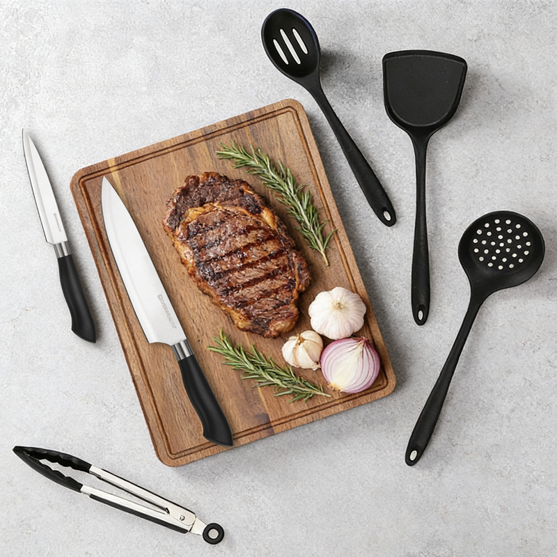 8pcs kitchen Knife Set with acacia cutting board and silicone utensils