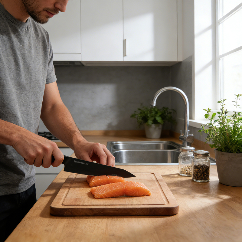 3 Pcs Hollow Handle Black oxidation Stainless Steel Knife Set with acacia cutting board- S023A