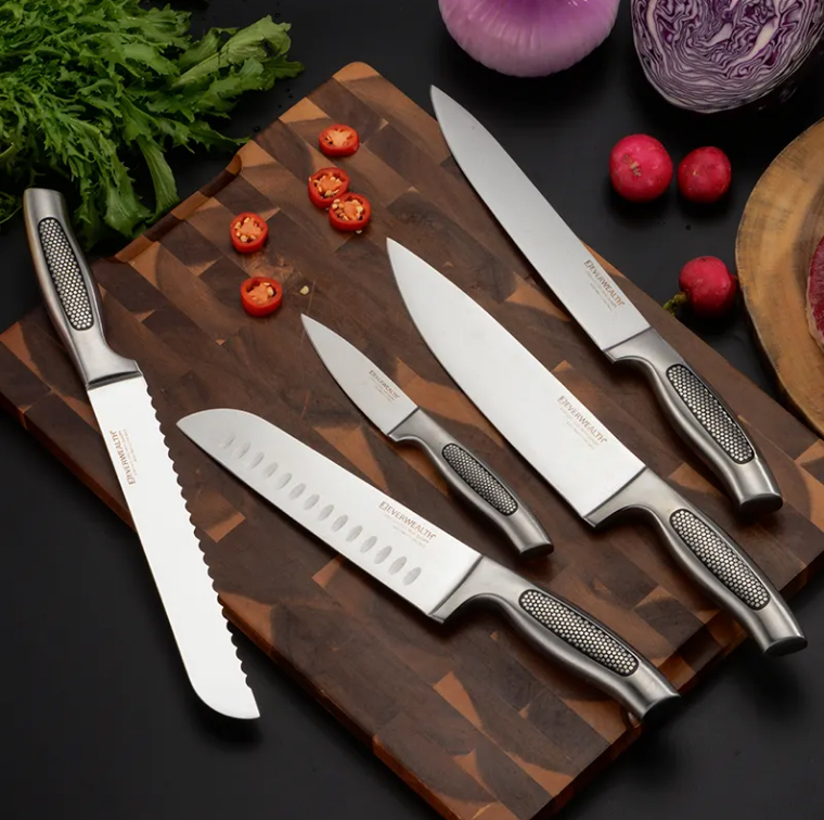 5 Pcs Hollow Handle Stainless Steel Knife Set with Stainless Steel Block- S016