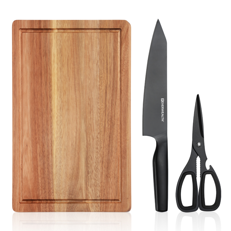 3 Pcs Hollow Handle Black oxidation Stainless Steel Knife Set with acacia cutting board- S023A