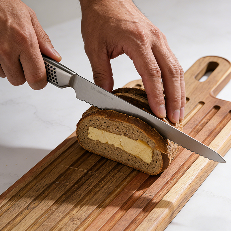 2 Pcs Hollow Handle non stick coating bread Knife Set with acacia cutting board