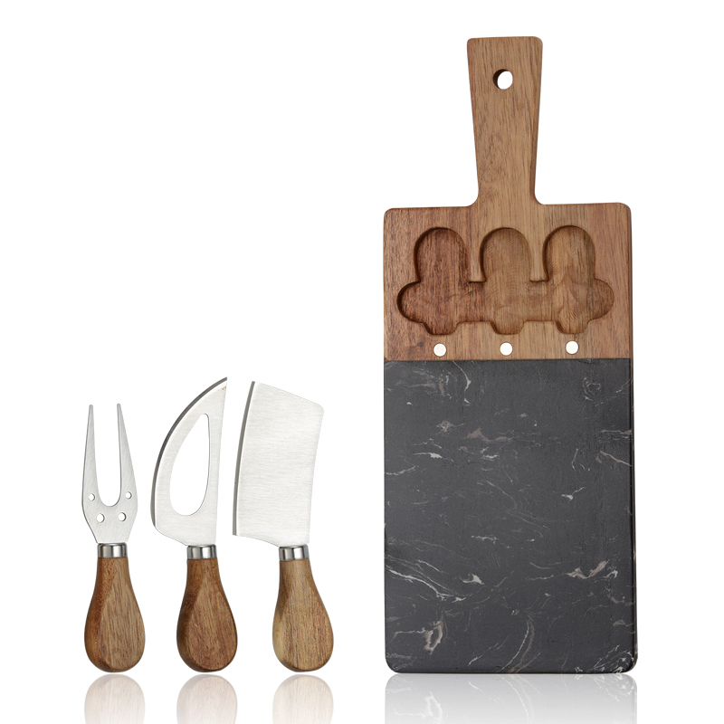 4pcs cheese Knife Set with acacia&rock plate cutting board