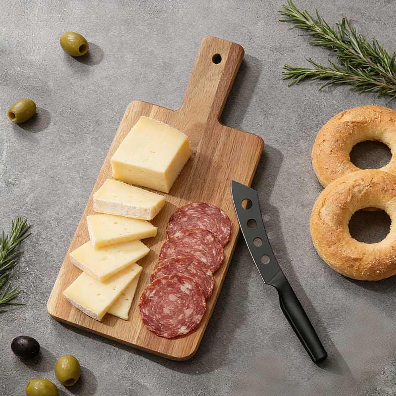 2 Pcs Hollow Handle Black oxidation cheese Knife Set with acacia cutting board