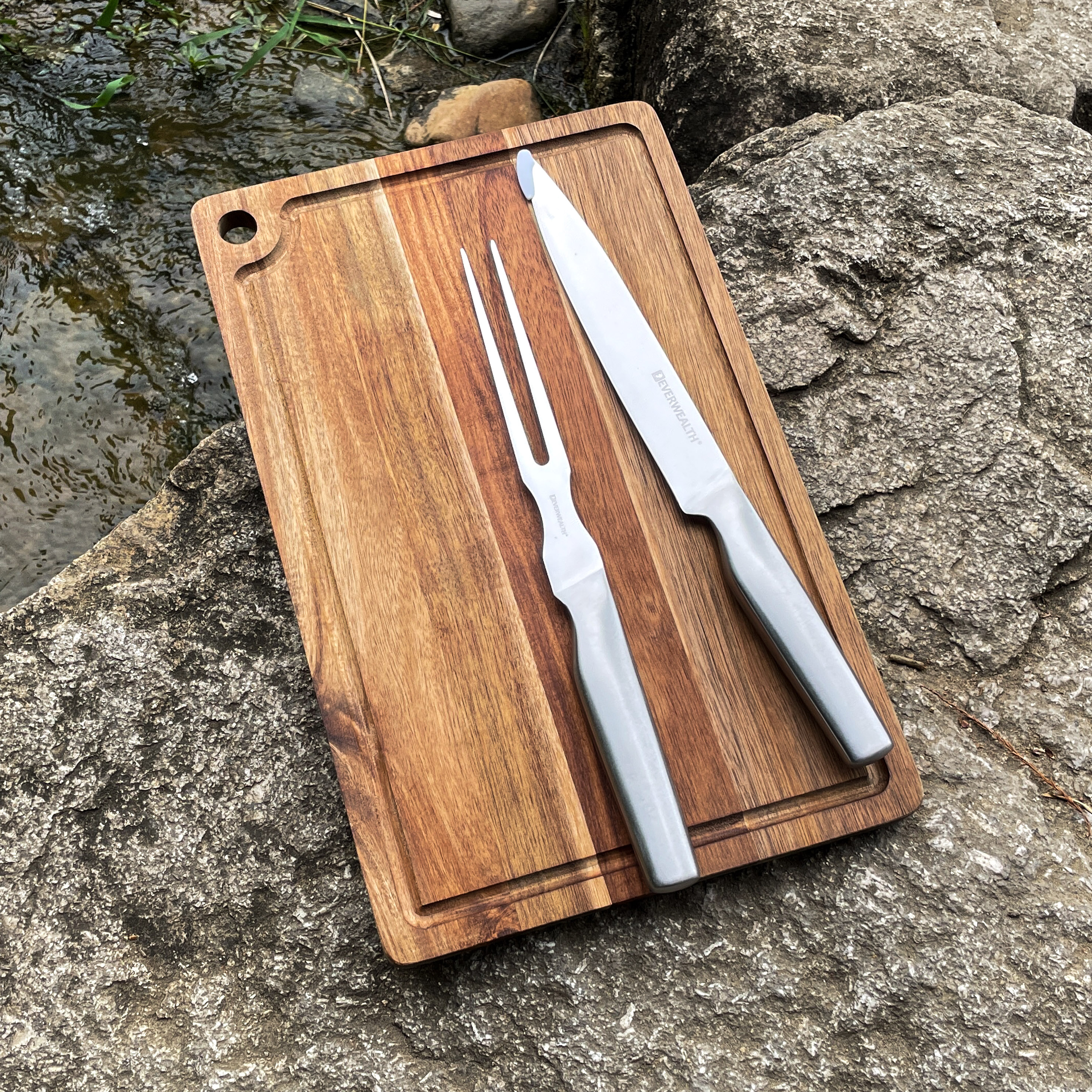 Chef's BBQ Slicing Knife Set With Meat Fork and Acacia Wood Cutting Board - S023A