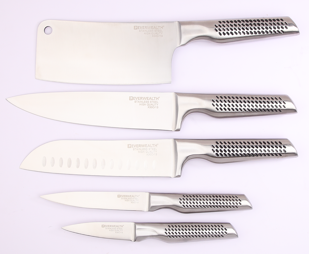 5 Pcs Hollow Handle Stainless Steel Knife Set with Stainless Steel Block- S021