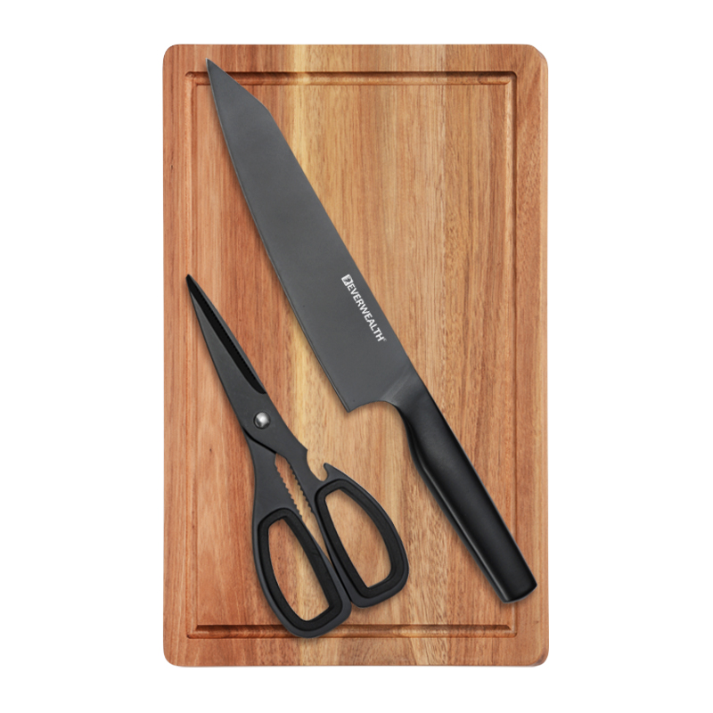 3 Pcs Hollow Handle Black oxidation Stainless Steel Knife Set with acacia cutting board- S023A