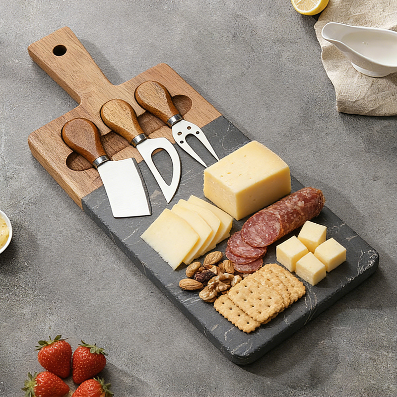 4pcs cheese Knife Set with acacia&rock plate cutting board