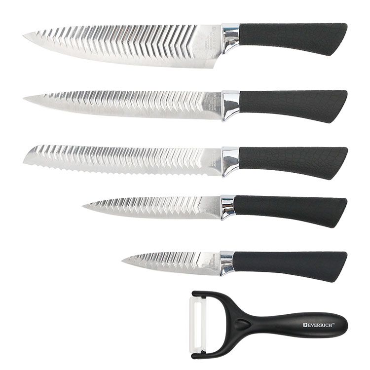 Polished And Embossed Stainless Steel Black Plastic Handle Kitchen Knife Set