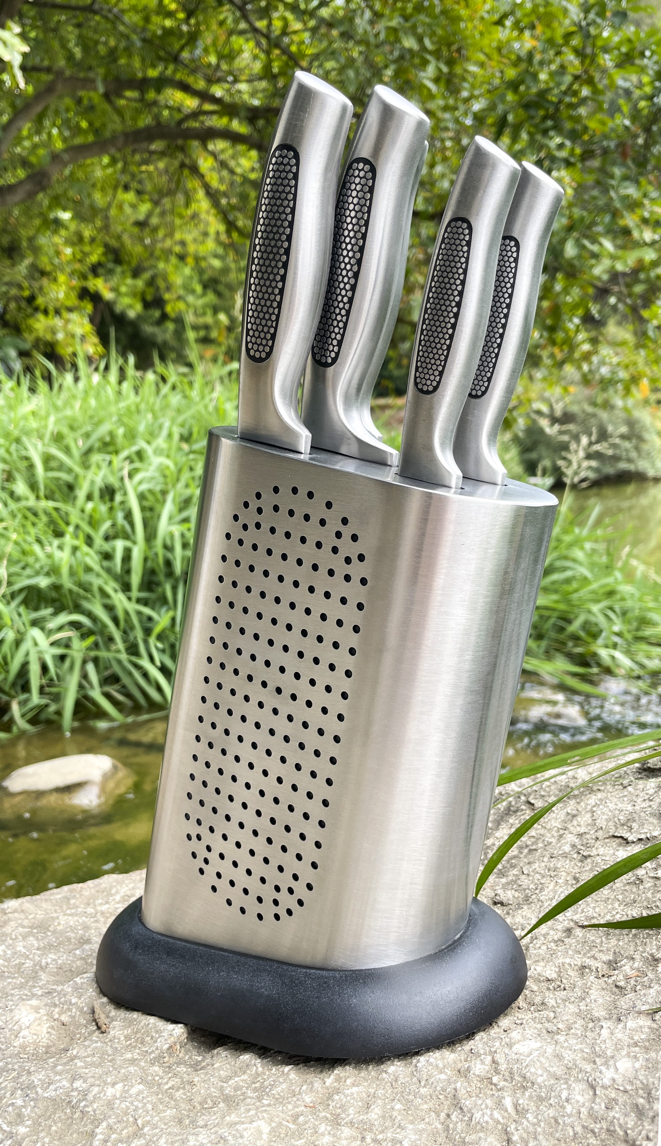 5 Pcs Hollow Handle Stainless Steel Knife Set with Stainless Steel Block- S016