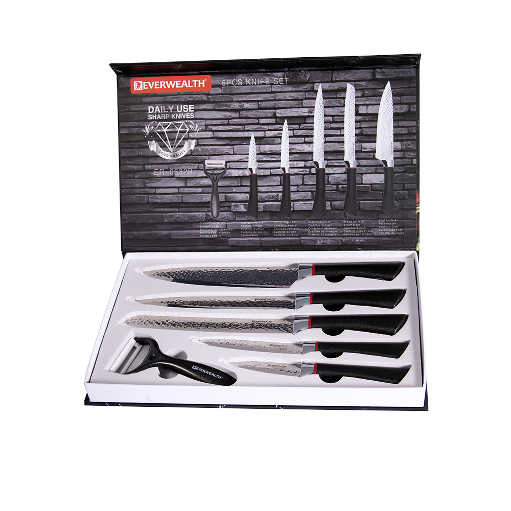 6PCS Black Plastic Handle Stainless Steel Kitchen Knife Set With Gift Box - ER-0632B