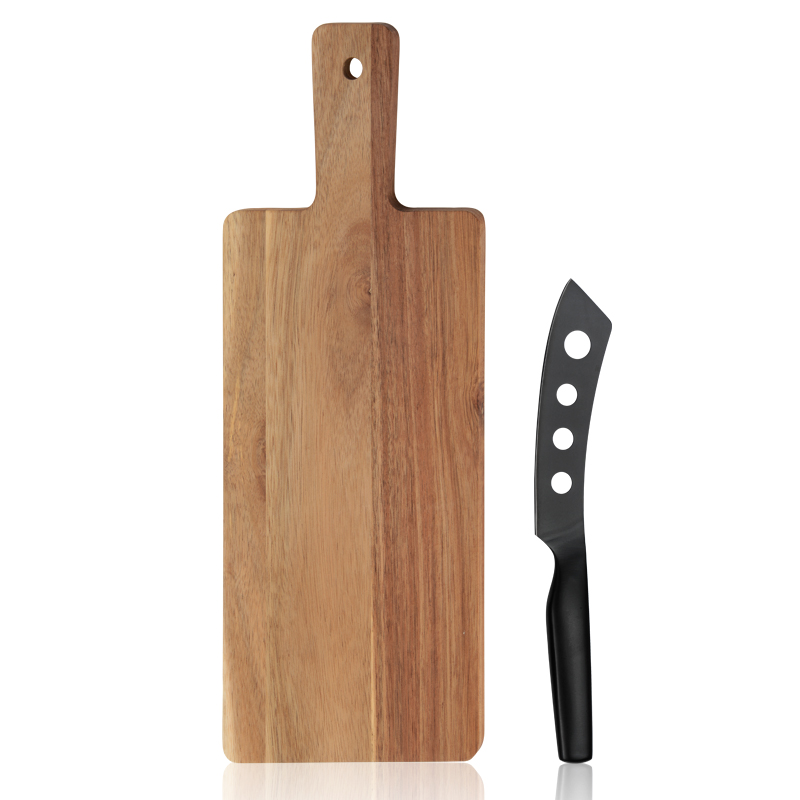2 Pcs Hollow Handle Black oxidation cheese Knife Set with acacia cutting board