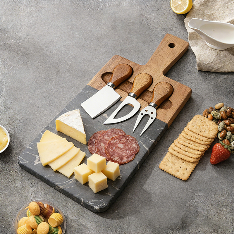 4pcs cheese Knife Set with acacia&rock plate cutting board
