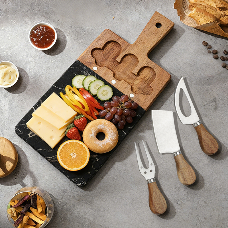 4pcs cheese Knife Set with acacia&rock plate cutting board