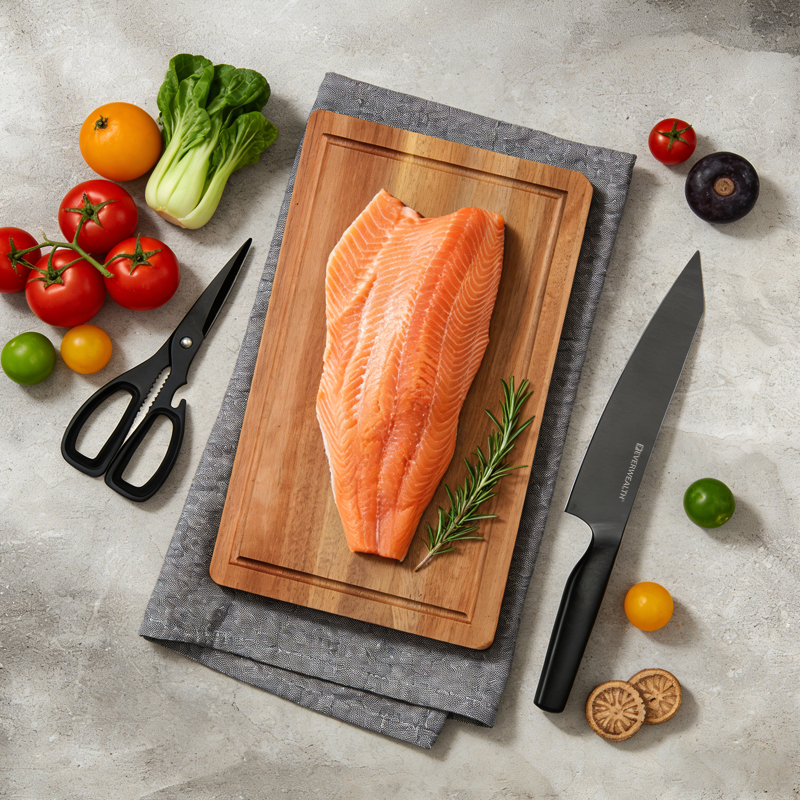 3 Pcs Hollow Handle Black oxidation Stainless Steel Knife Set with acacia cutting board- S023A