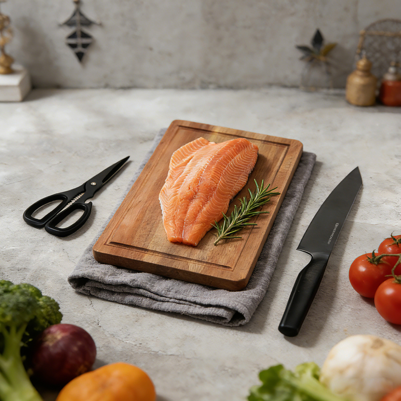 3 Pcs Hollow Handle Black oxidation Stainless Steel Knife Set with acacia cutting board- S023A