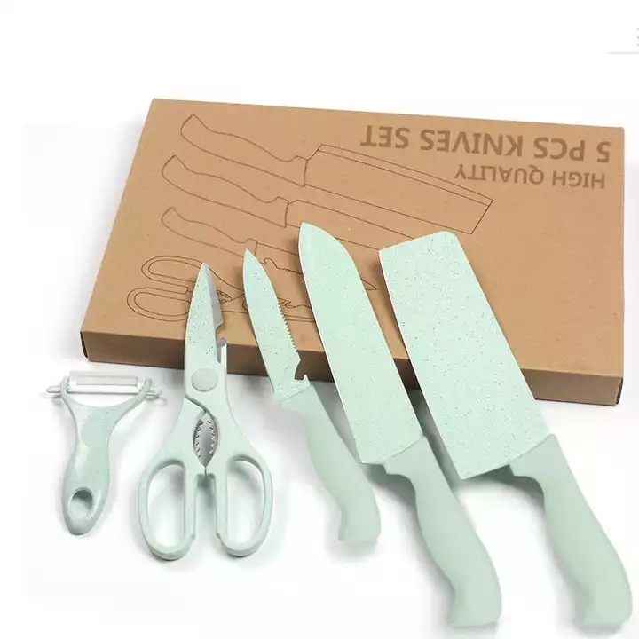 5 Pcs Wheat Straw Kitchen Knife Set With Scissors and Ceramic Peeler - P020