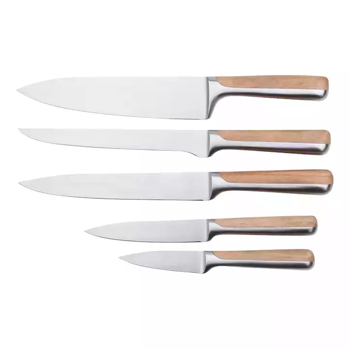Stainless Steel Kitchen Knife Set In Beech Wood - F042