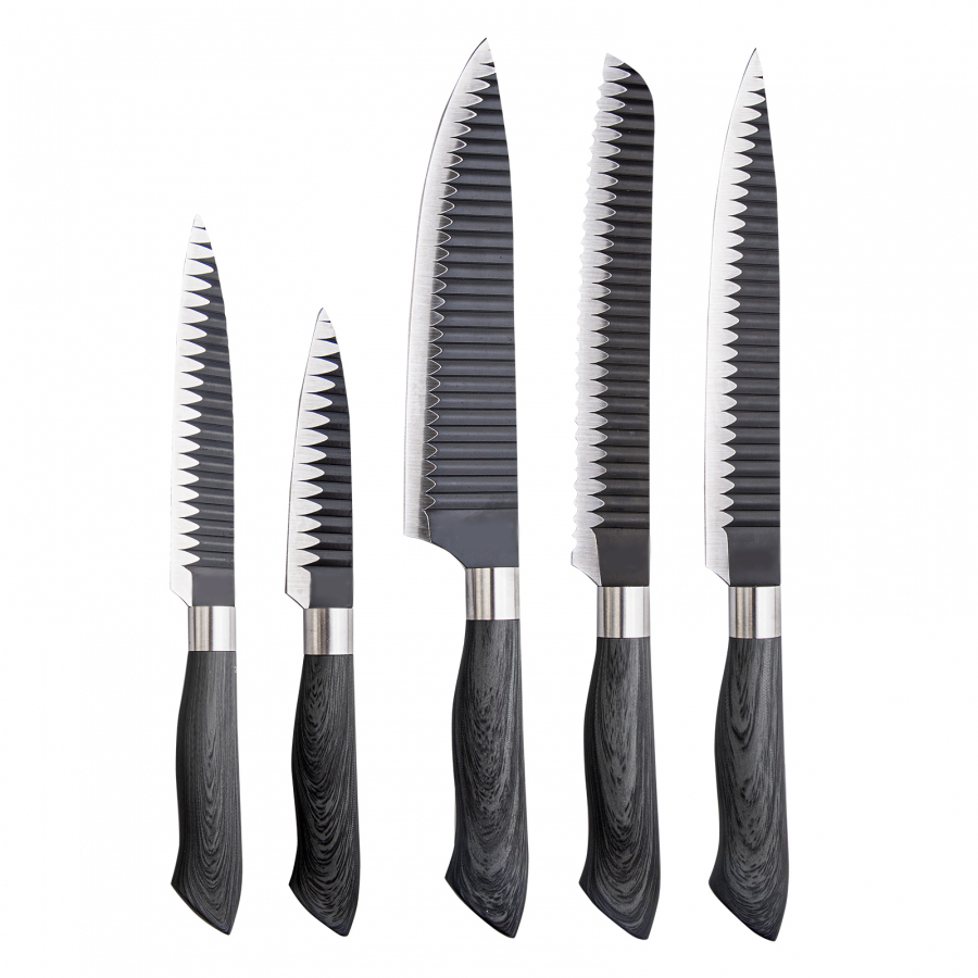 5 Pcs Stainless Steel Kitchen Cooking Knife Set With Wood Grain PP+TPR Coating Handle - P005A