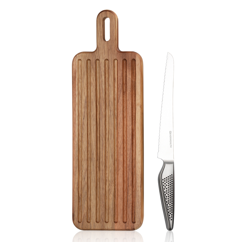 2 Pcs Hollow Handle non stick coating bread Knife Set with acacia cutting board