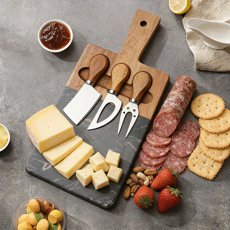 4pcs cheese Knife Set with acacia&rock plate cutting board