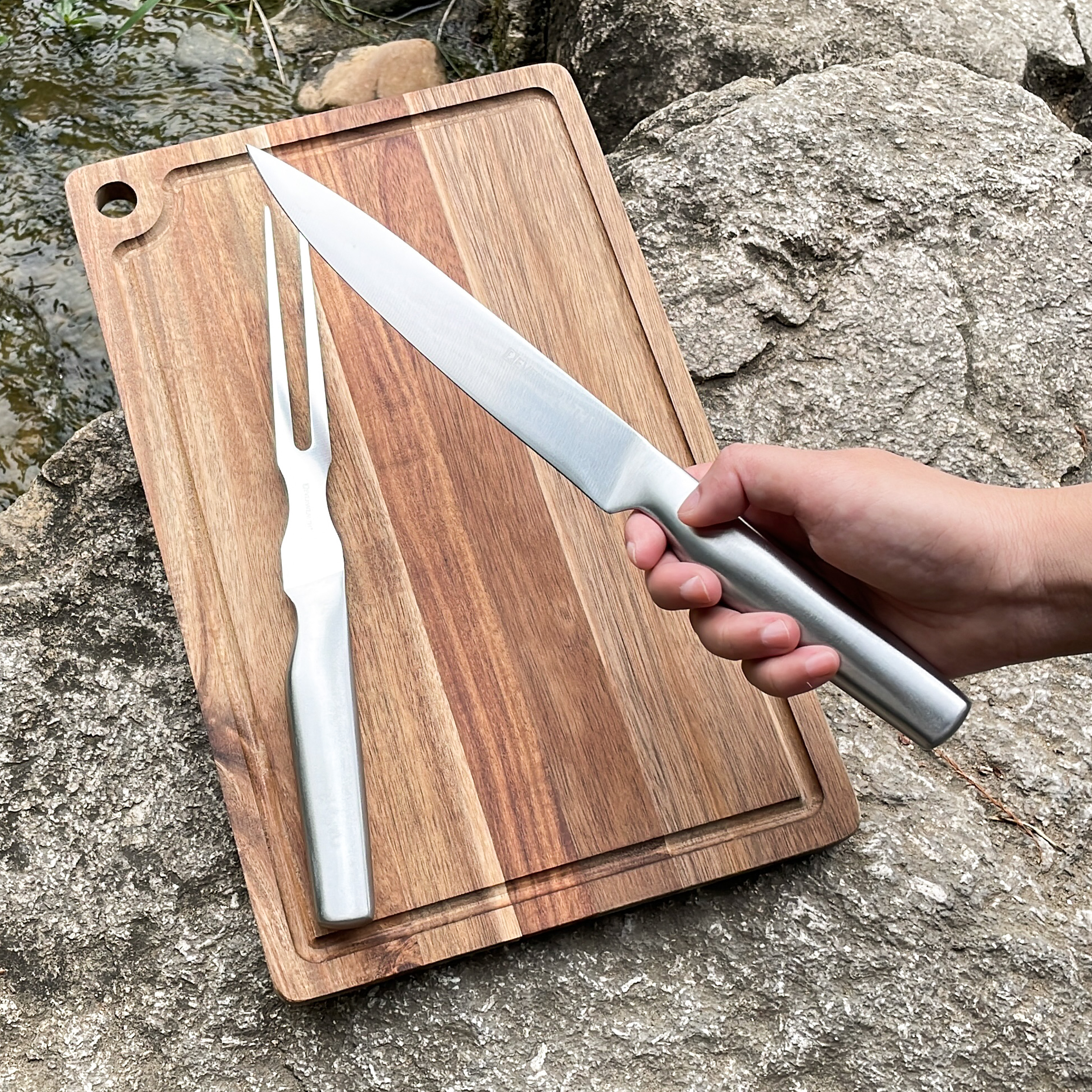 Chef's BBQ Slicing Knife Set With Meat Fork and Acacia Wood Cutting Board - S023A
