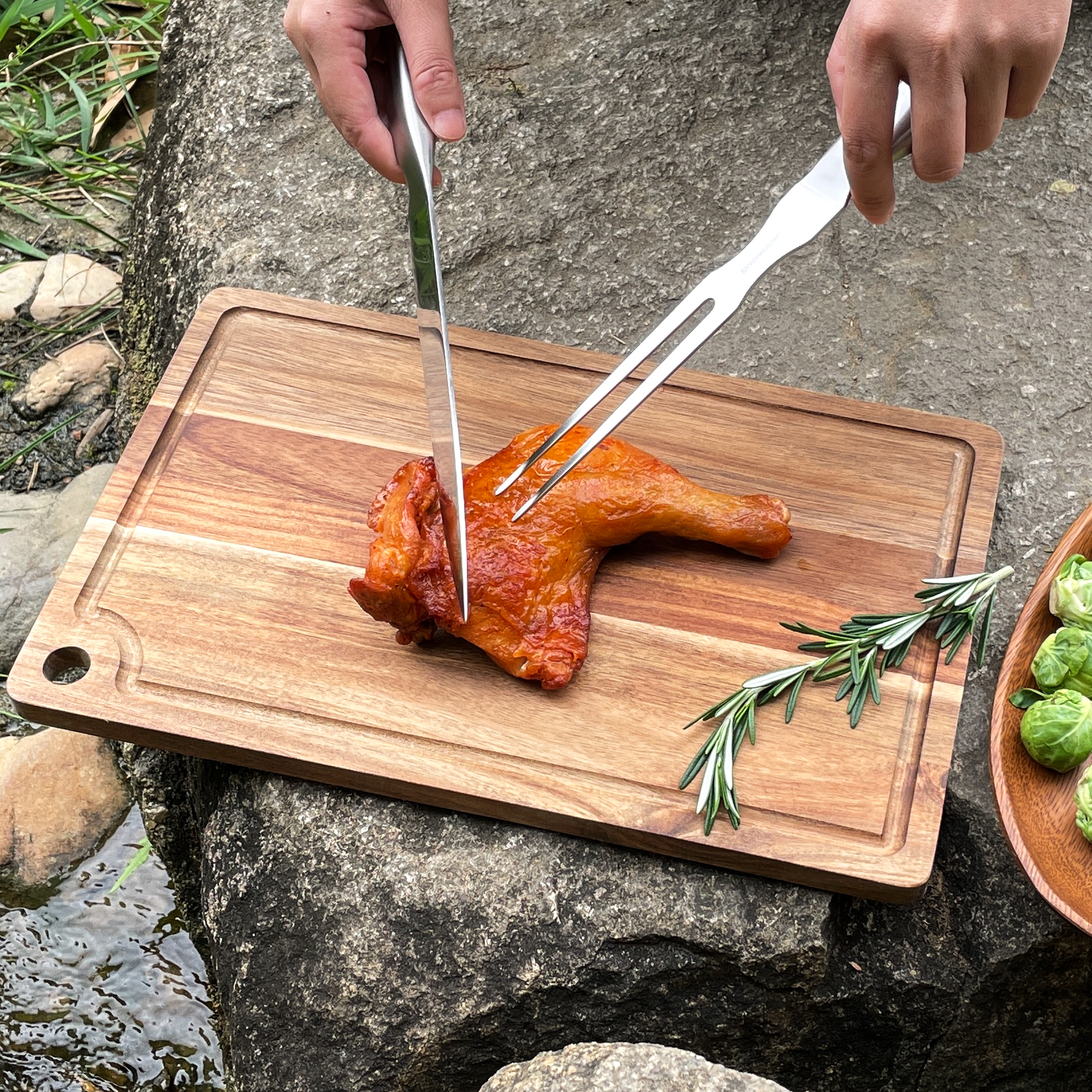 Chef's BBQ Slicing Knife Set With Meat Fork and Acacia Wood Cutting Board - S023A