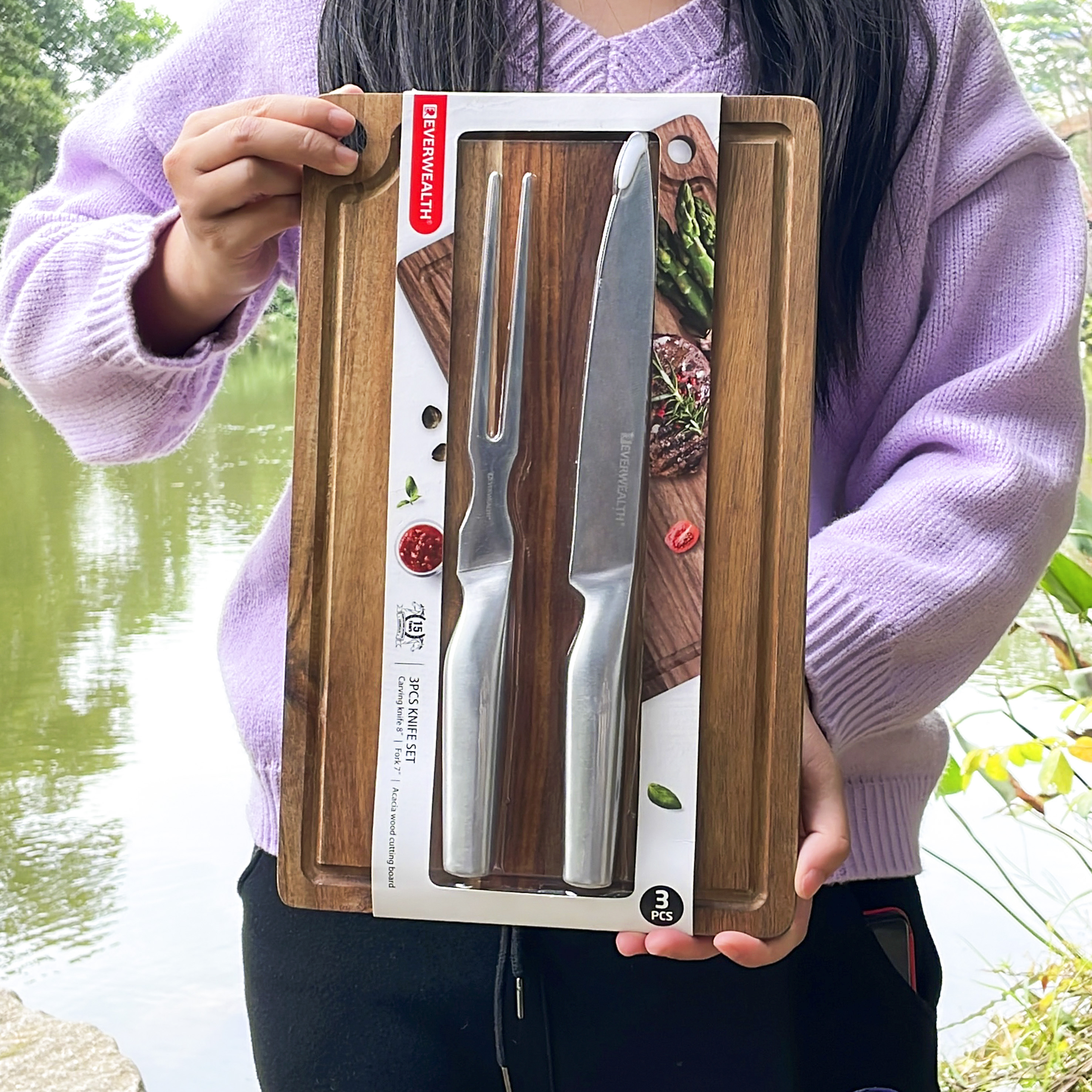Chef's BBQ Slicing Knife Set With Meat Fork and Acacia Wood Cutting Board - S023A