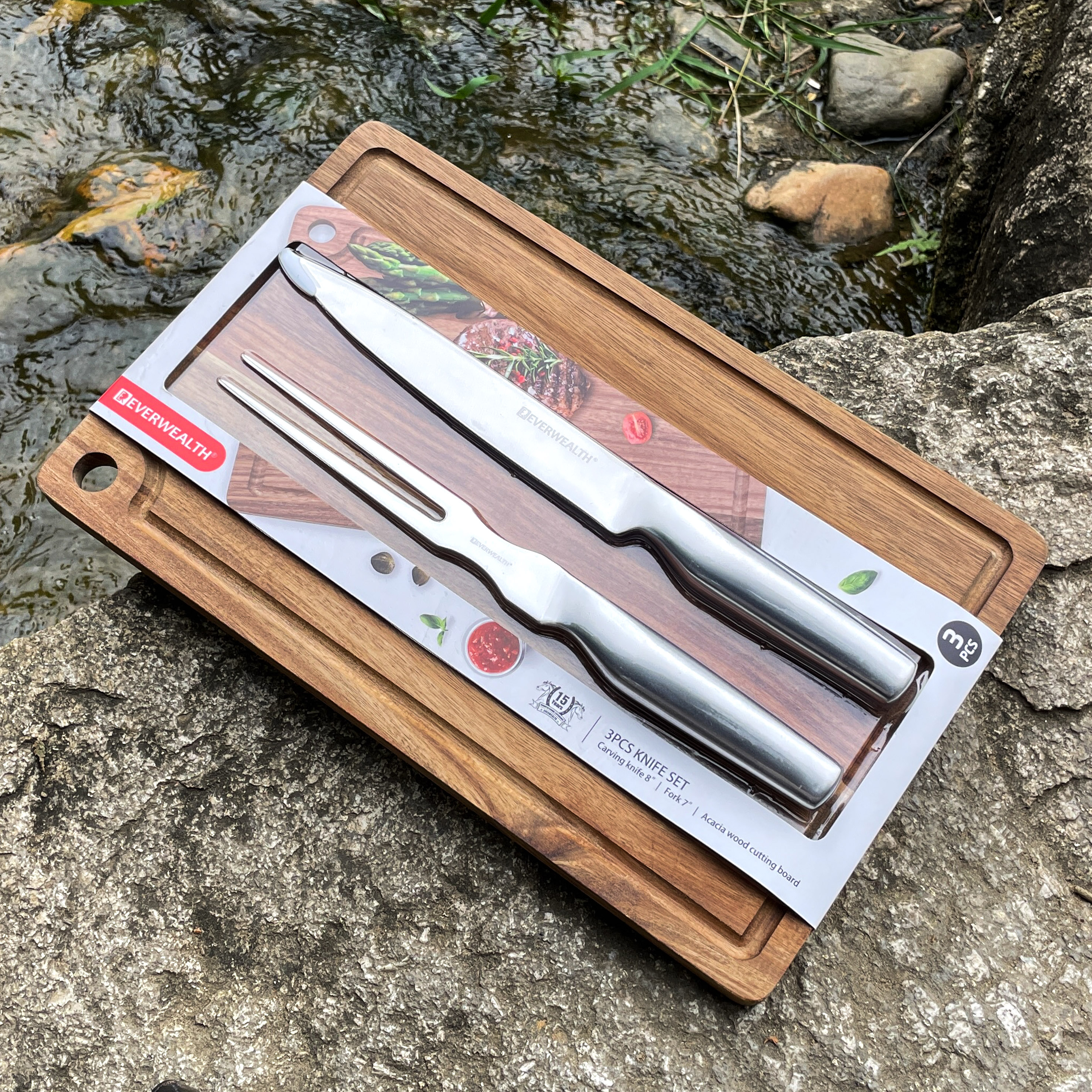 Chef's BBQ Slicing Knife Set With Meat Fork and Acacia Wood Cutting Board - S023A
