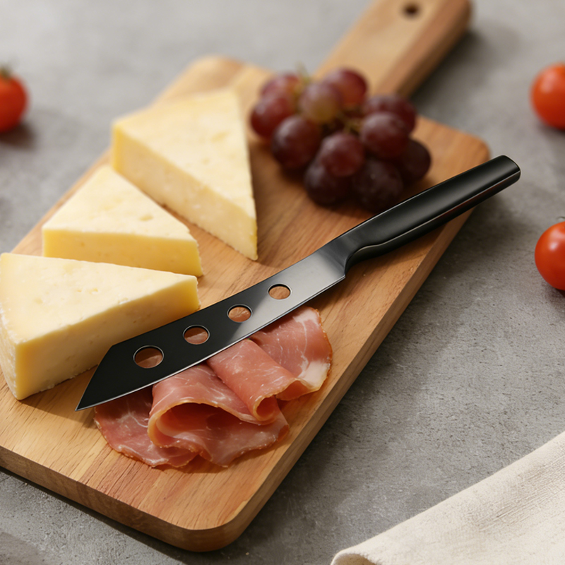 2 Pcs Hollow Handle Black oxidation cheese Knife Set with acacia cutting board