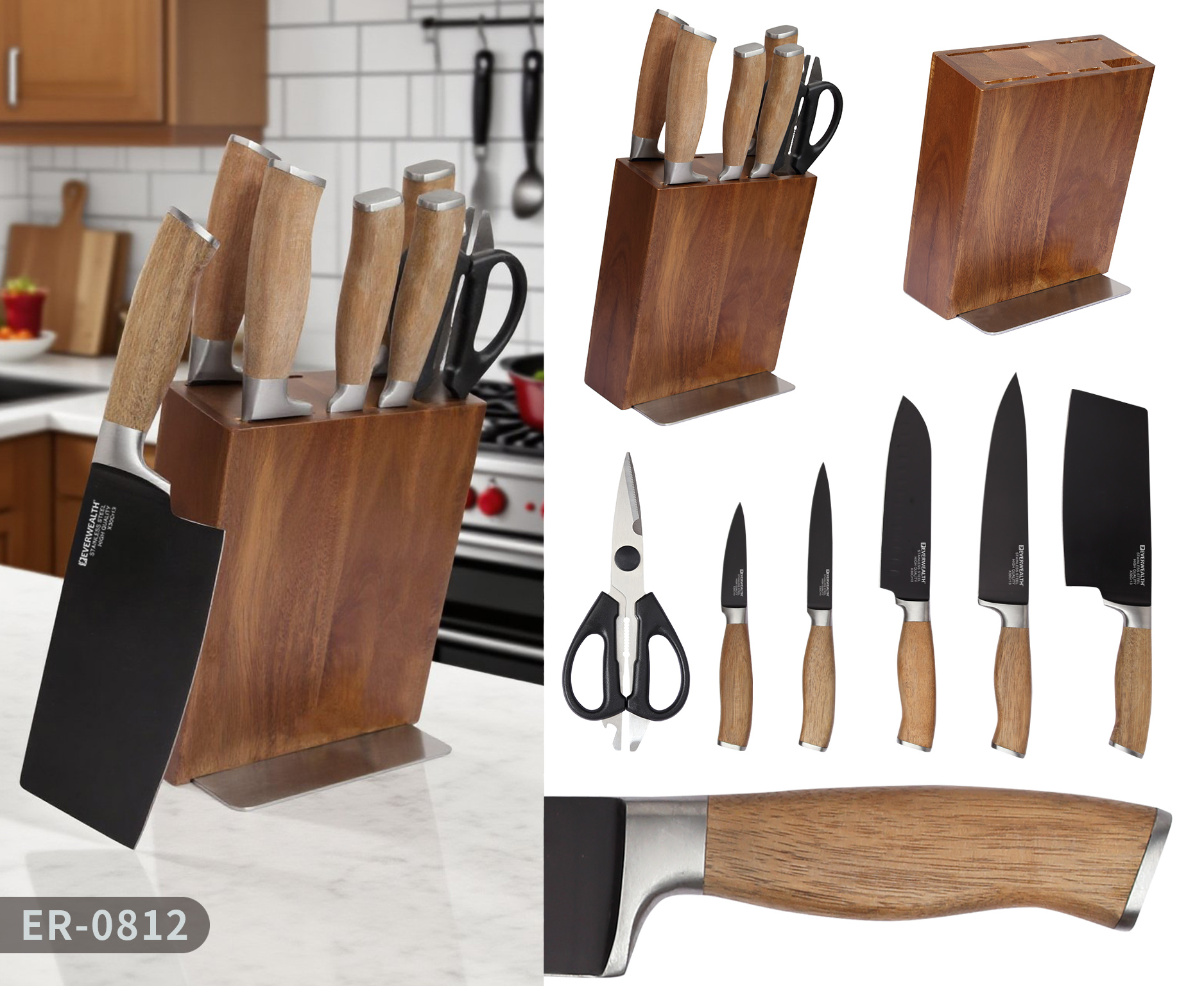 Black Oxidation Kitchen Knife Set Beech Wood Handle  with acacia wood block- ER0812