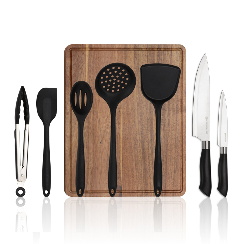 8pcs kitchen Knife Set with acacia cutting board and silicone utensils
