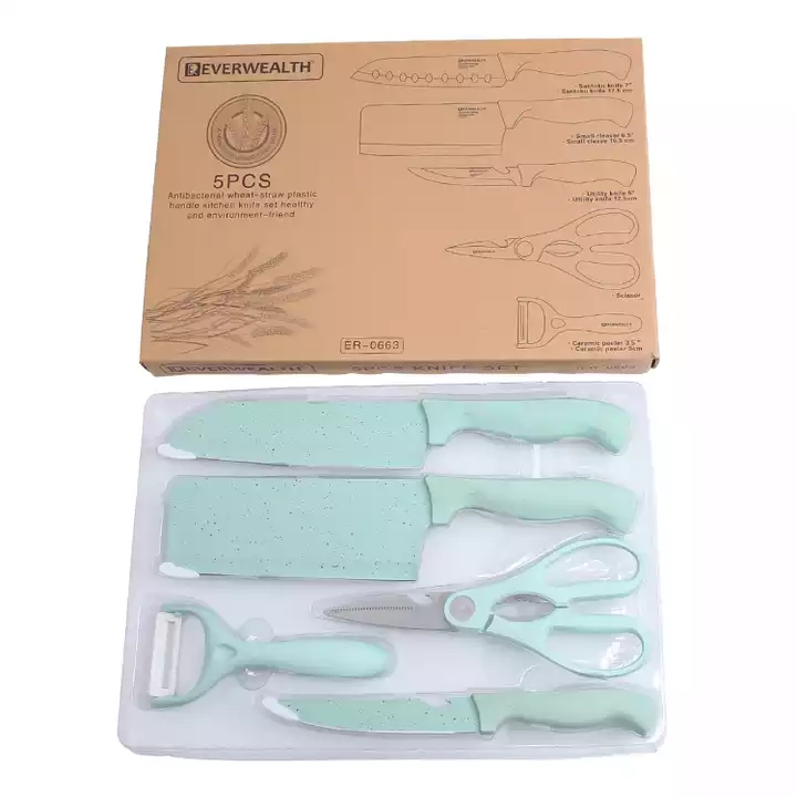 5 Pcs Wheat Straw Kitchen Knife Set With Scissors and Ceramic Peeler - P020