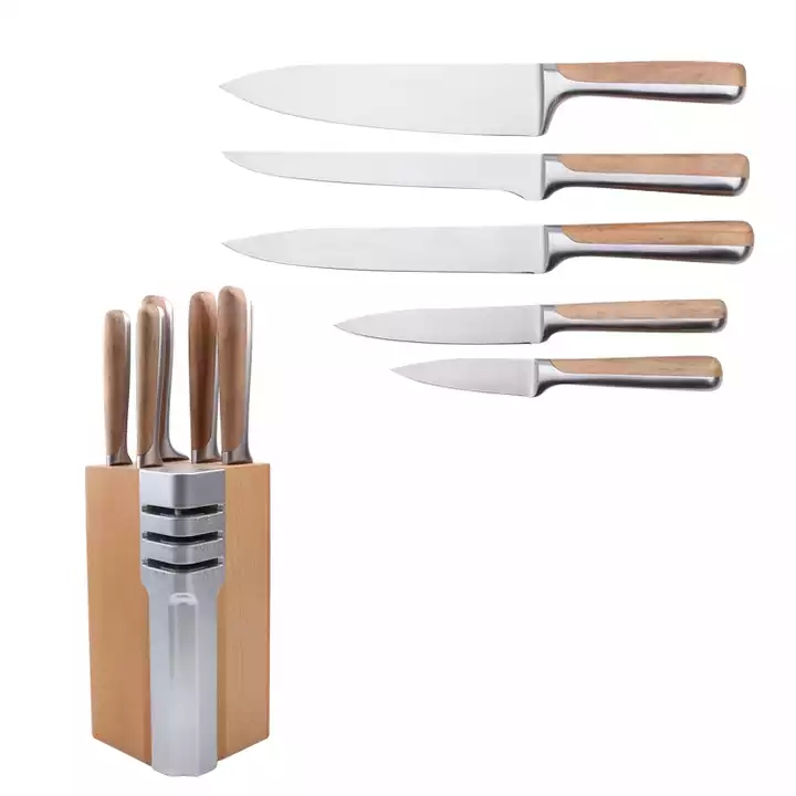 Stainless Steel Kitchen Knife Set In Beech Wood - F042