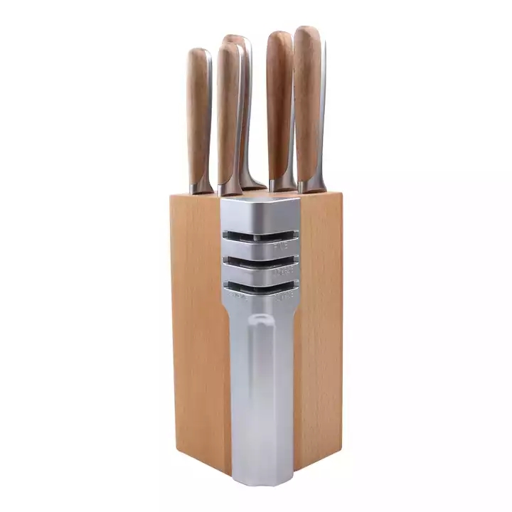 Stainless Steel Kitchen Knife Set In Beech Wood - F042