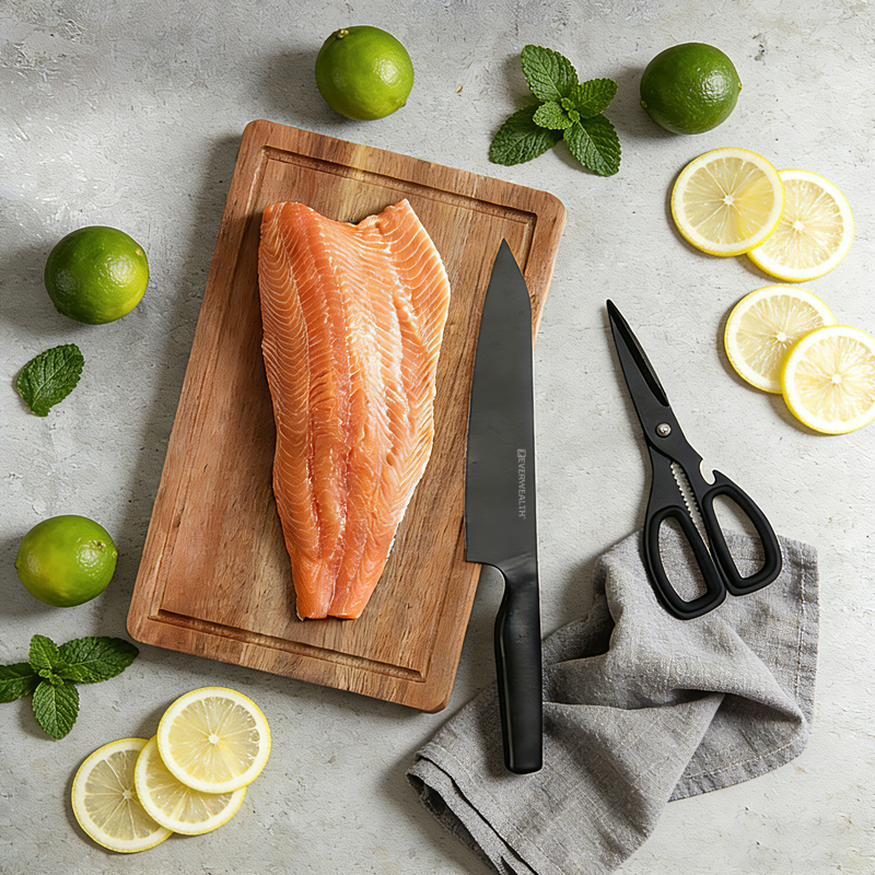 3 Pcs Hollow Handle Black oxidation Stainless Steel Knife Set with acacia cutting board- S023A