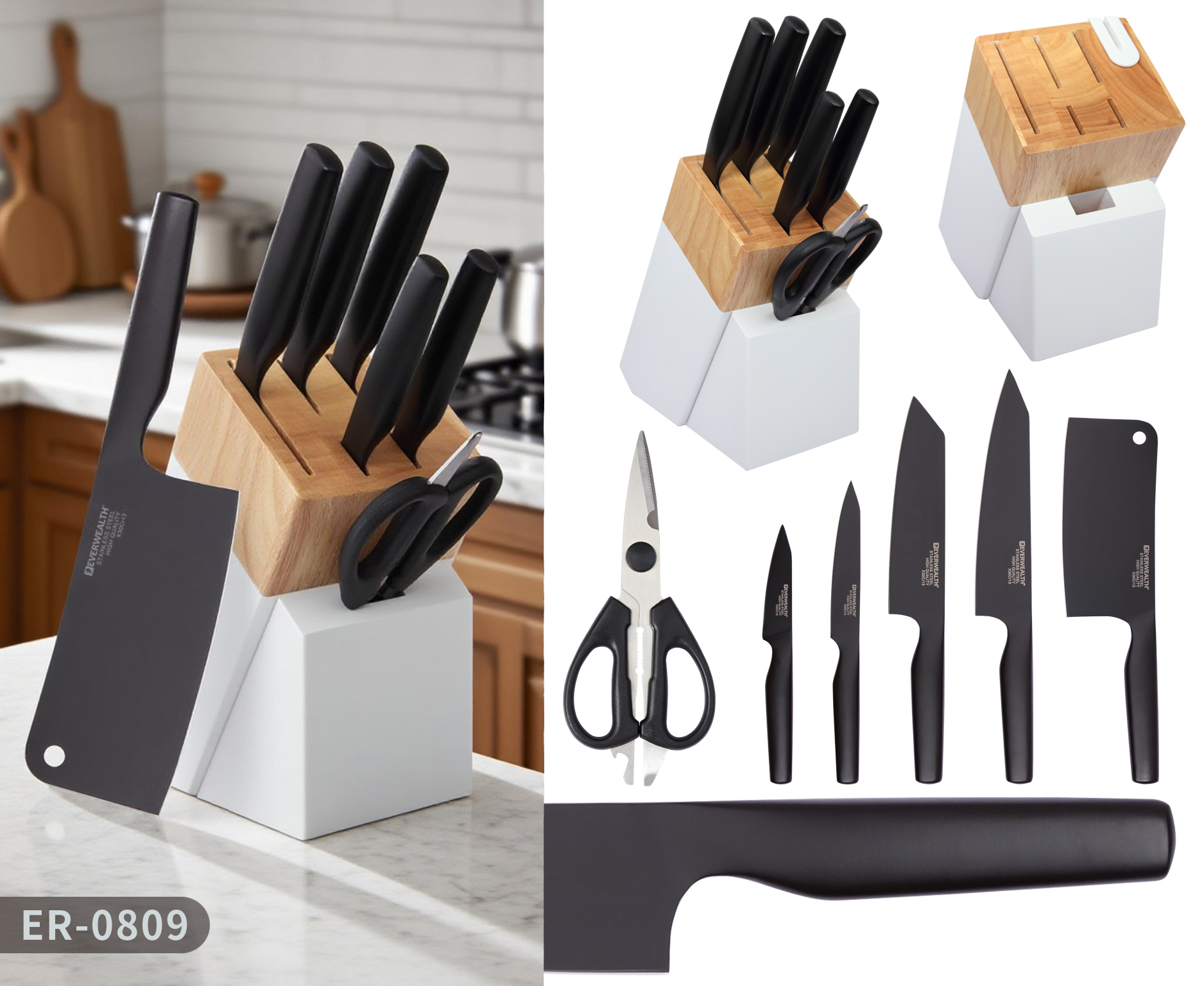 6 Pcs Hollow Handle Black oxidation Knife Set with wooden Block- ER0809