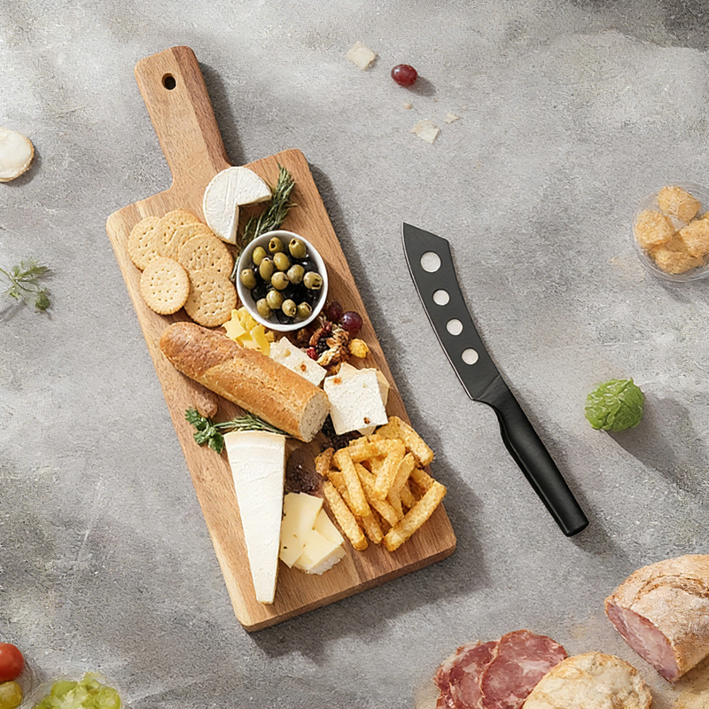 2 Pcs Hollow Handle Black oxidation cheese Knife Set with acacia cutting board