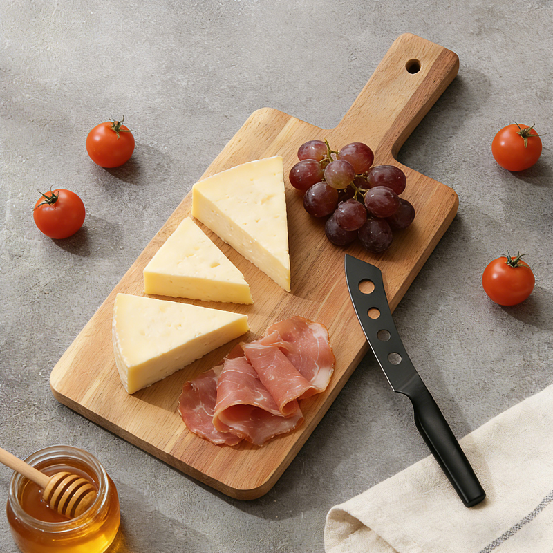 2 Pcs Hollow Handle Black oxidation cheese Knife Set with acacia cutting board